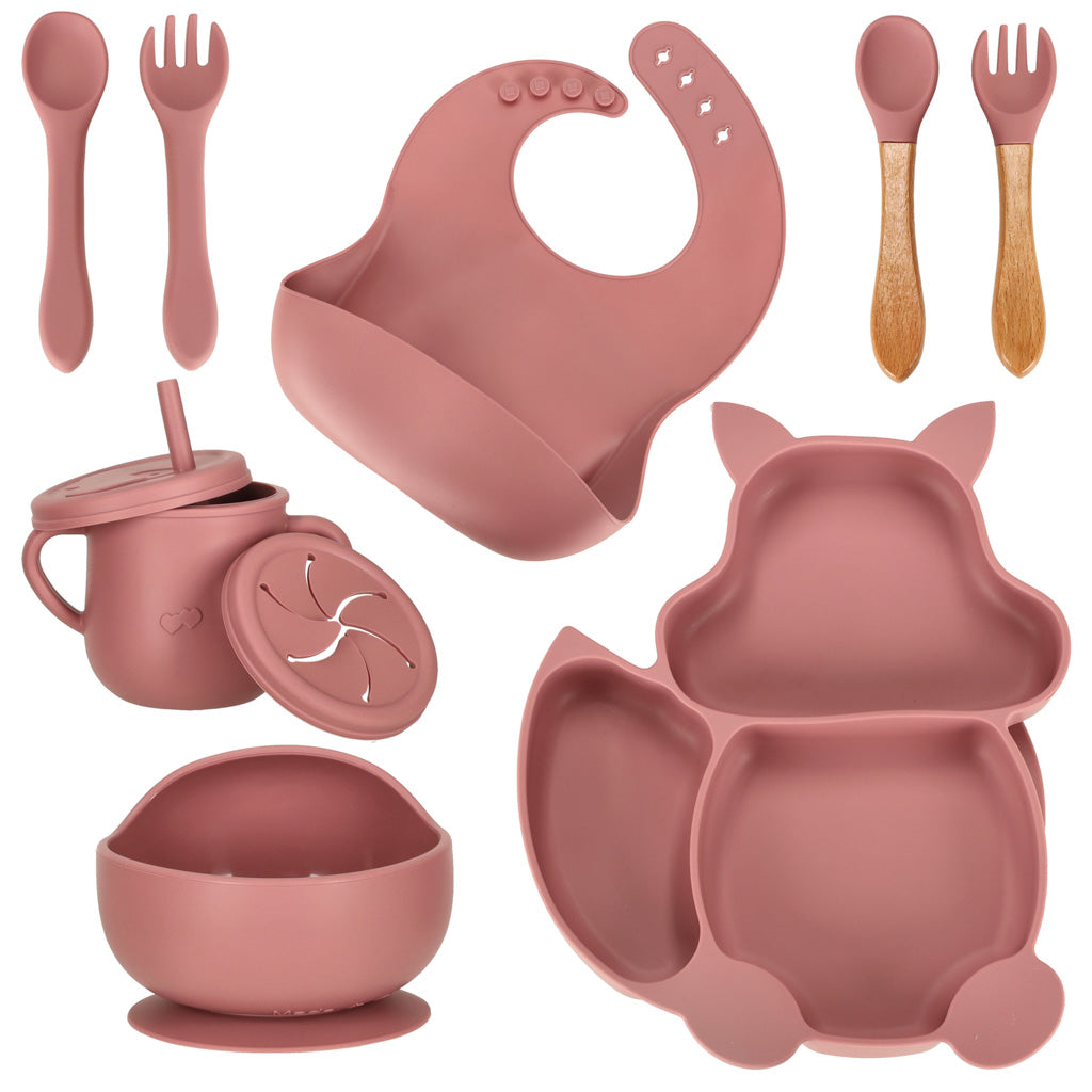 Set de farfurii din silicon pentru copii, veveriță, 9 bucăți, roz închis