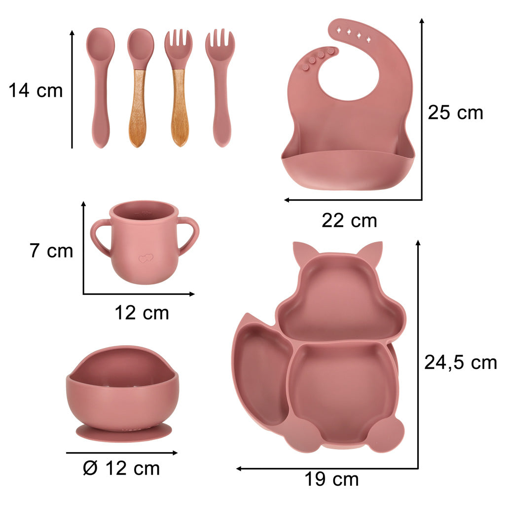 Set de farfurii din silicon pentru copii, veveriță, 9 bucăți, roz închis