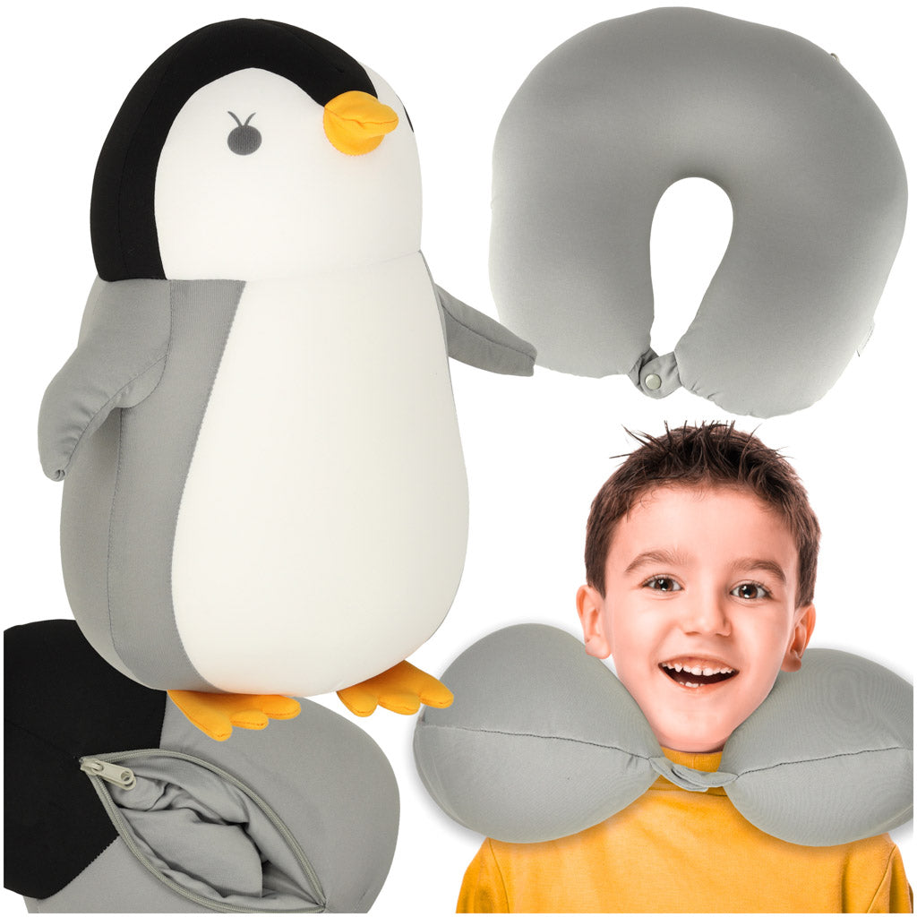 Pernă de călătorie 2 în 1, pernă de gât pentru mașină, avion, jucărie de pluș cu pinguin