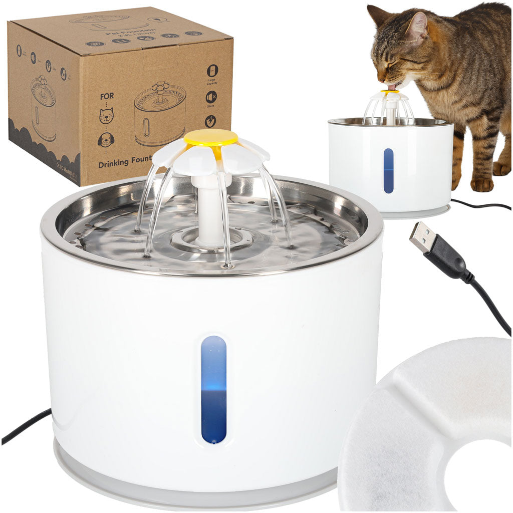 Fântână de apă pentru câini, pisici, animale, adăpător automat, LED, USB, 2,4 l, filtru de curățare