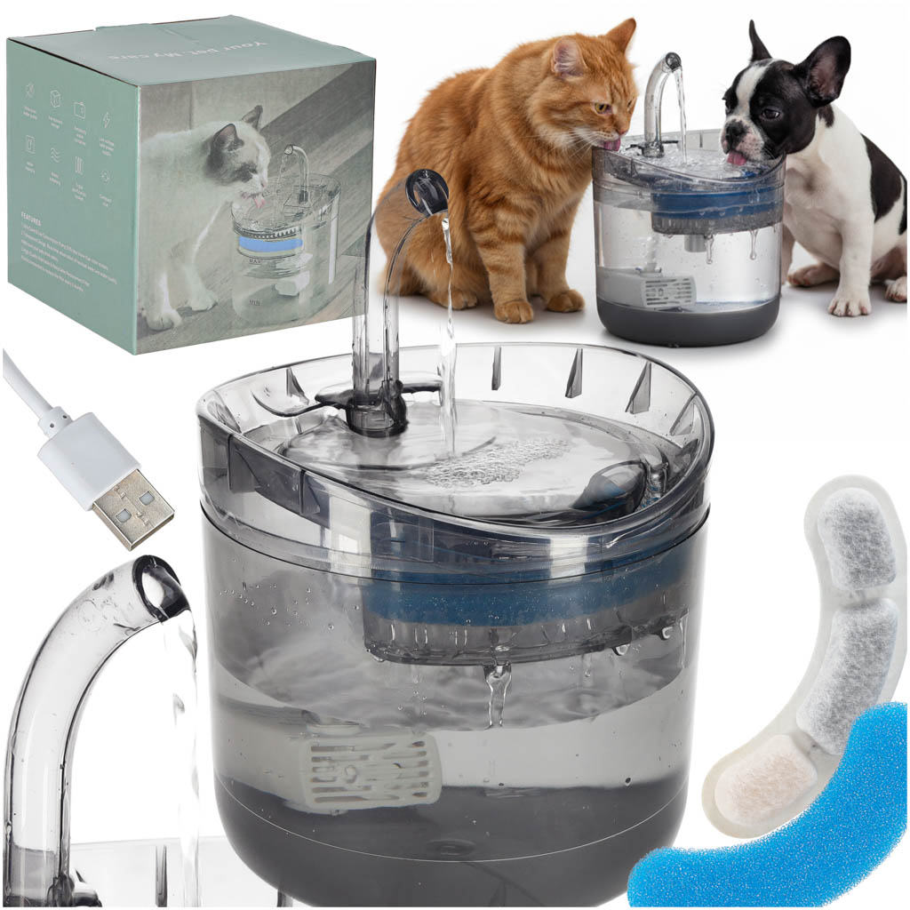 Fântână de apă pentru câini, pisici, animale, adăpător automat, USB, 1,8 l, filtru de curățare