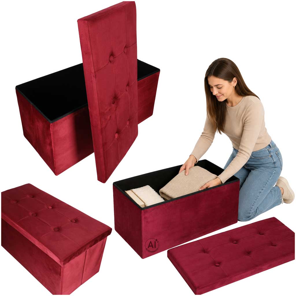 Puf cu compartiment de depozitare pentru șezut, deschis, pliabil, catifea, 76 x 38 x 38 cm, bordo