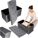 Puf cu compartiment de depozitare pentru șezut, deschis, pliabil, catifea, 76 x 38 x 38 cm, gri