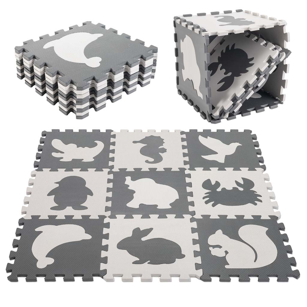 Covoraș educativ pentru copii, puzzle din spumă, gri, 85 x 85 cm, 9 piese