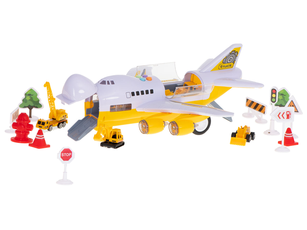 Avion transportor + 6 mașini vehicule de construcții lateral/față