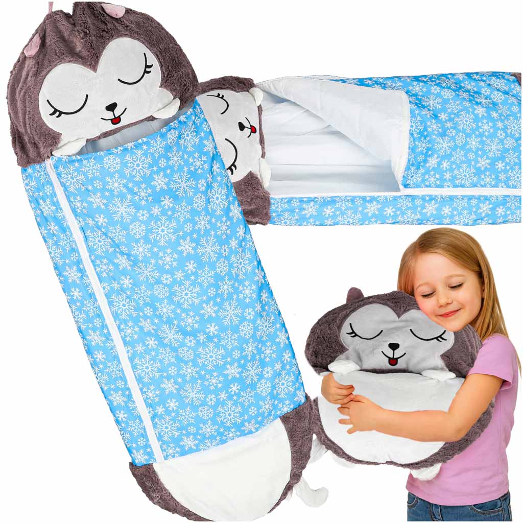 Sac de dormit pentru copii, pernă turistică, 2 în 1, 125 x 50 cm, albastru