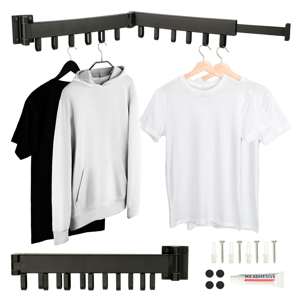 Suport de uscare rufe, montat pe perete, pliabil, telescopic, negru, 12 cârlige, 90 cm