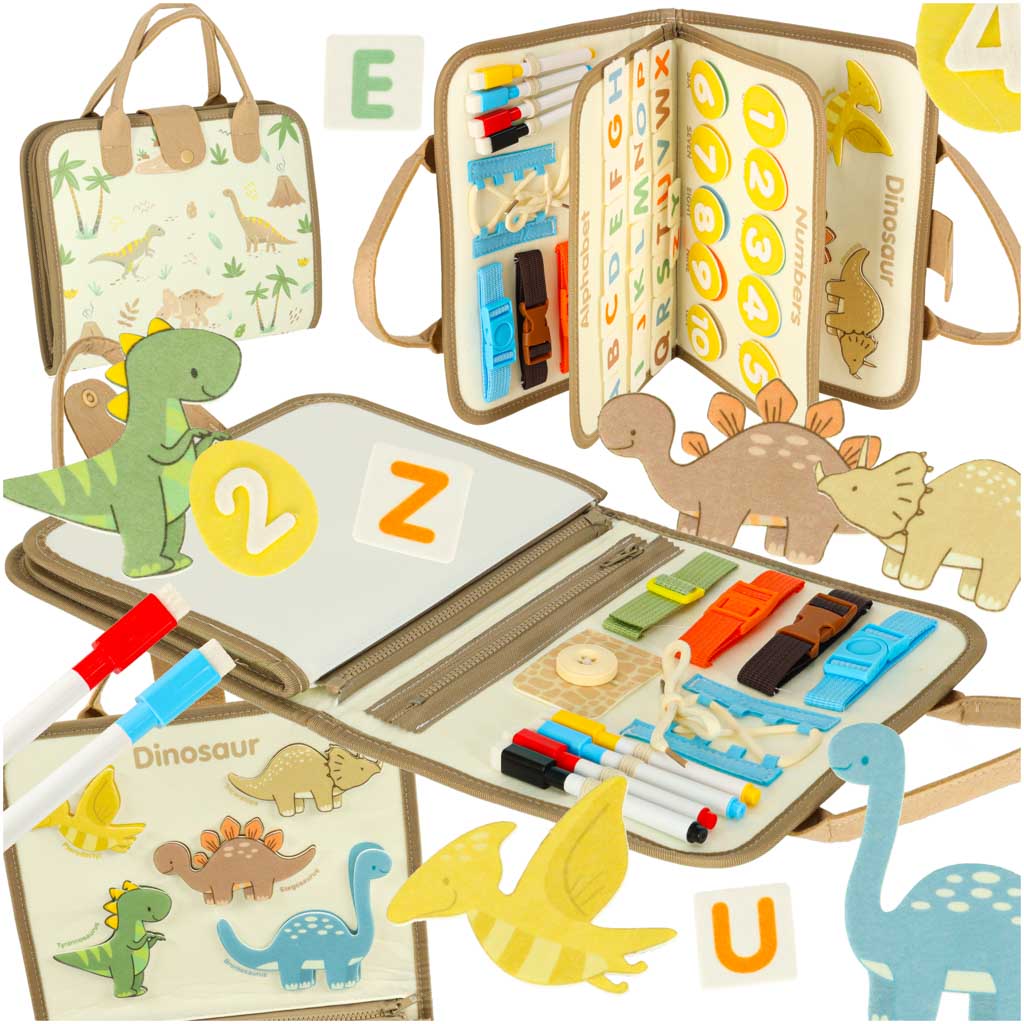 Tablă de manipulare senzorială Montessori cu valiză cu dinozauri