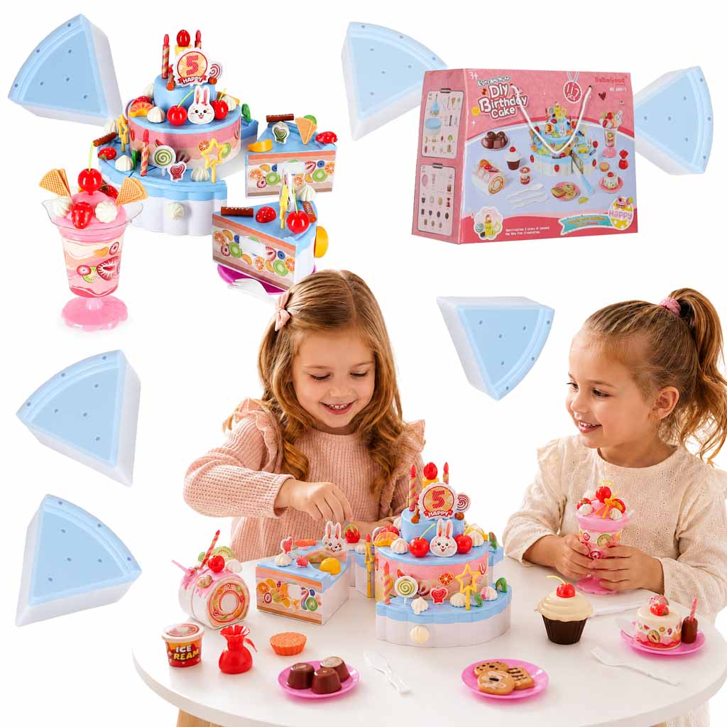 Tort de ziua de naștere cu trei niveluri, pentru tăiat, cu velcro, muzică și lumini, 117 bucăți, albastru