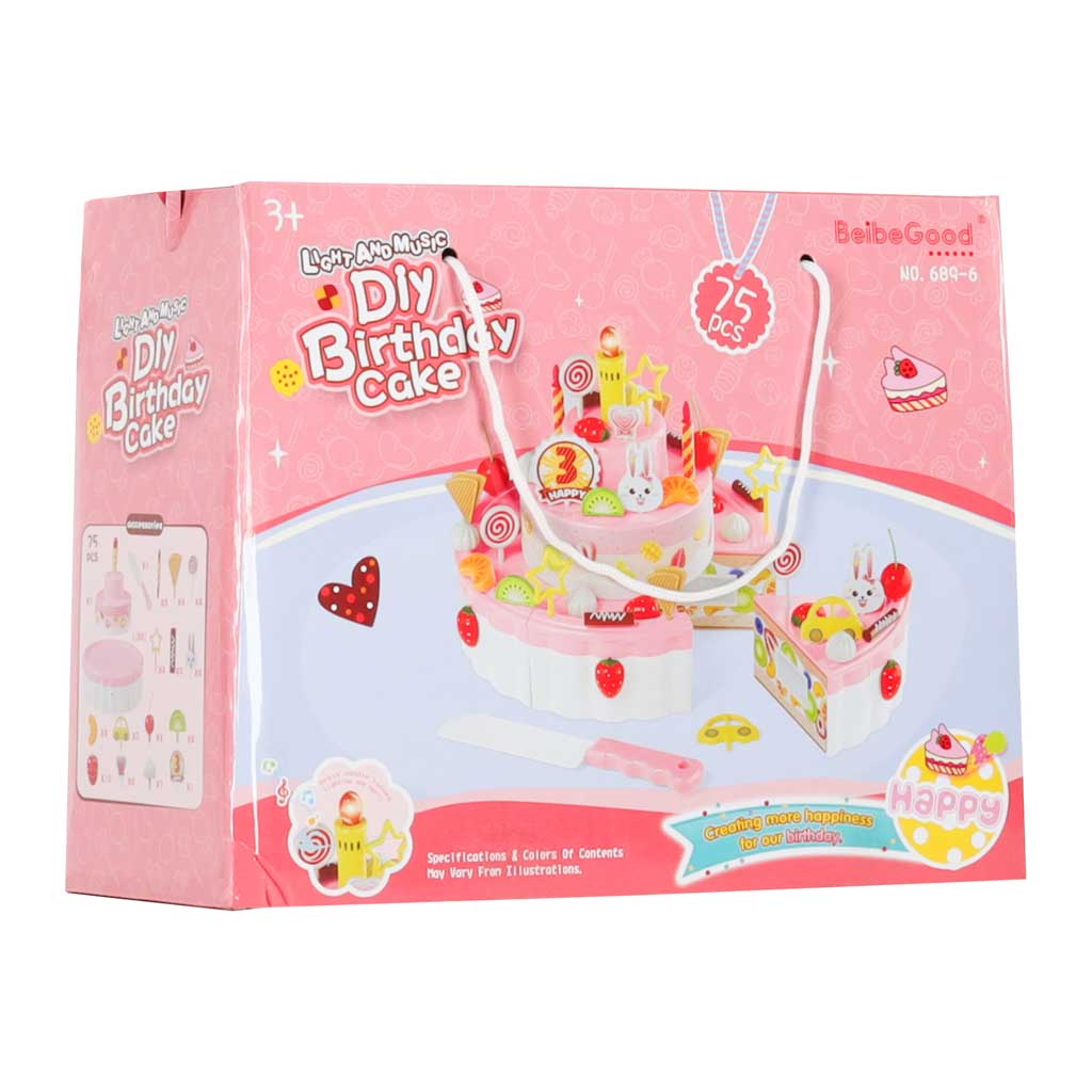 Tort de ziua de naștere cu trei niveluri, pentru tăiat, cu velcro, muzică și lumini, 75 de bucăți, roz