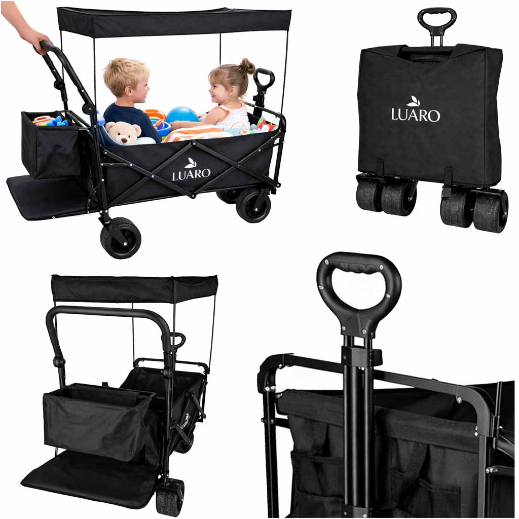 Cărucior de plajă pliabil LUARO cu copertină și plasă, 120l, negru