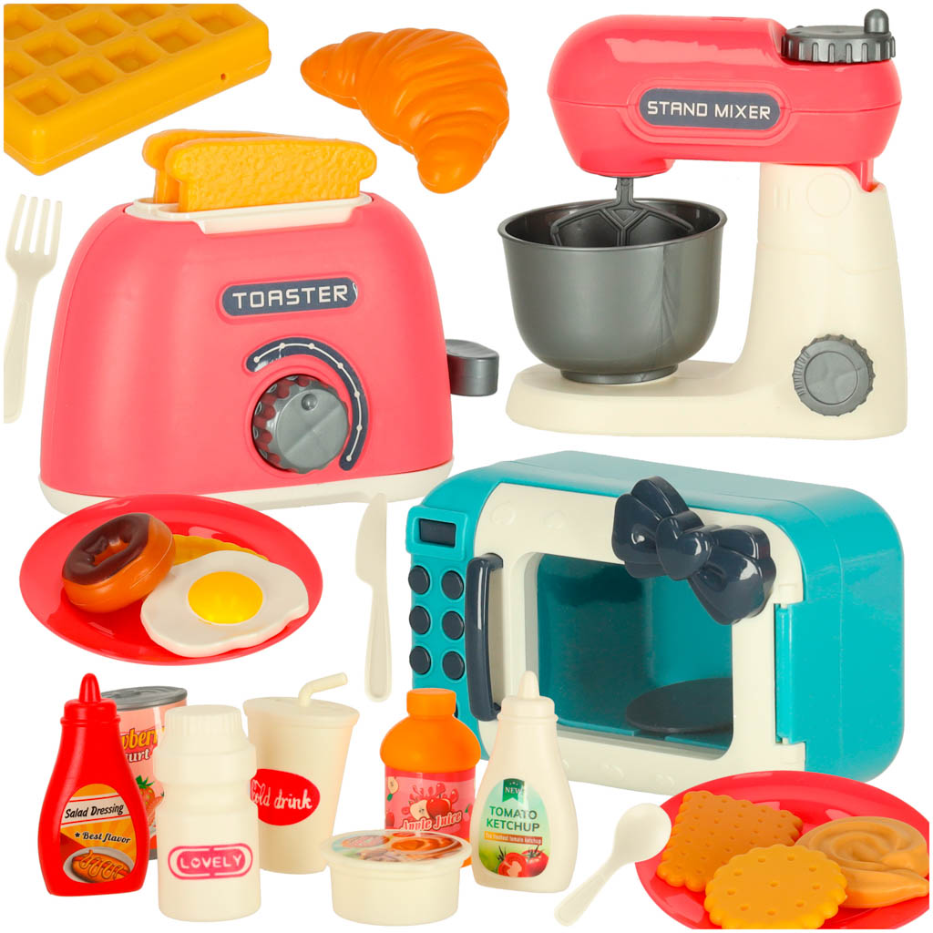 Set de bucătărie: Cuptor cu microunde, Prăjitor de pâine, Mixer + Mâncare și accesorii – Distracție culinară