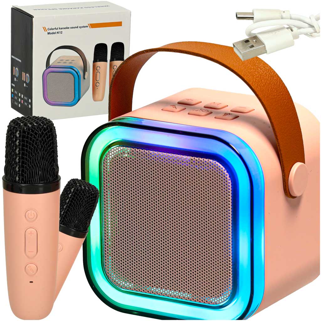 Boxă karaoke Bluetooth cu 2 microfoane, USB, LED, 6 W, roz