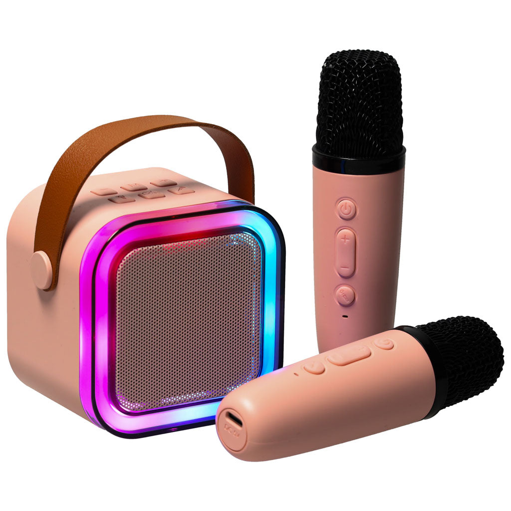 Boxă karaoke Bluetooth cu 2 microfoane, USB, LED, 6 W, roz