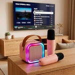 Boxă karaoke Bluetooth cu 2 microfoane, USB, LED, 6 W, roz