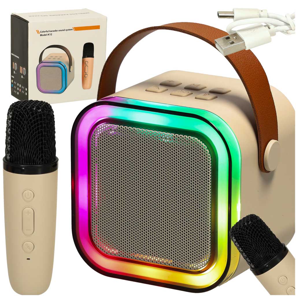 Set karaoke difuzor Bluetooth cu microfon USB LED bej