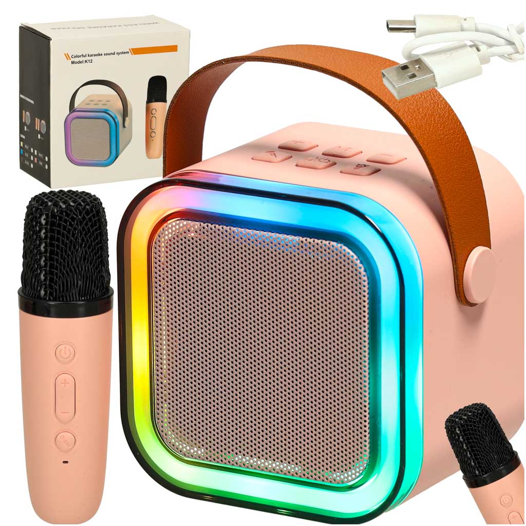Set karaoke cu difuzor Bluetooth, microfon USB cu LED roz