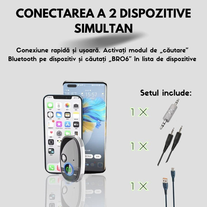 Adaptor Auto, Flippy, Bluetooth 5.0, Auxiliar, Asistenta Vocal, Jack 3.5 mm, Pentru Telefon Mobil si Sistem Audio Auto,