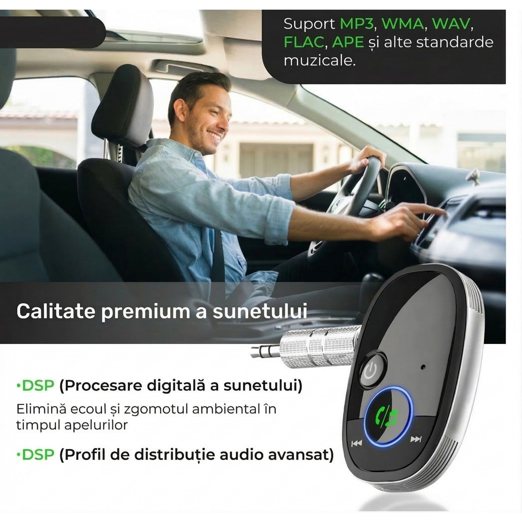 Adaptor Auto, Flippy, Bluetooth 5.0, Auxiliar, Asistenta Vocal, Jack 3.5 mm, Pentru Telefon Mobil si Sistem Audio Auto,