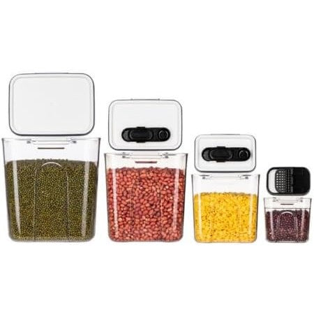Set 4 Recipiente Depozitare Alimente, Flippy, pentru Organizare Bucatarie, cu Inchidere Ermetica, Transparent, Plastic