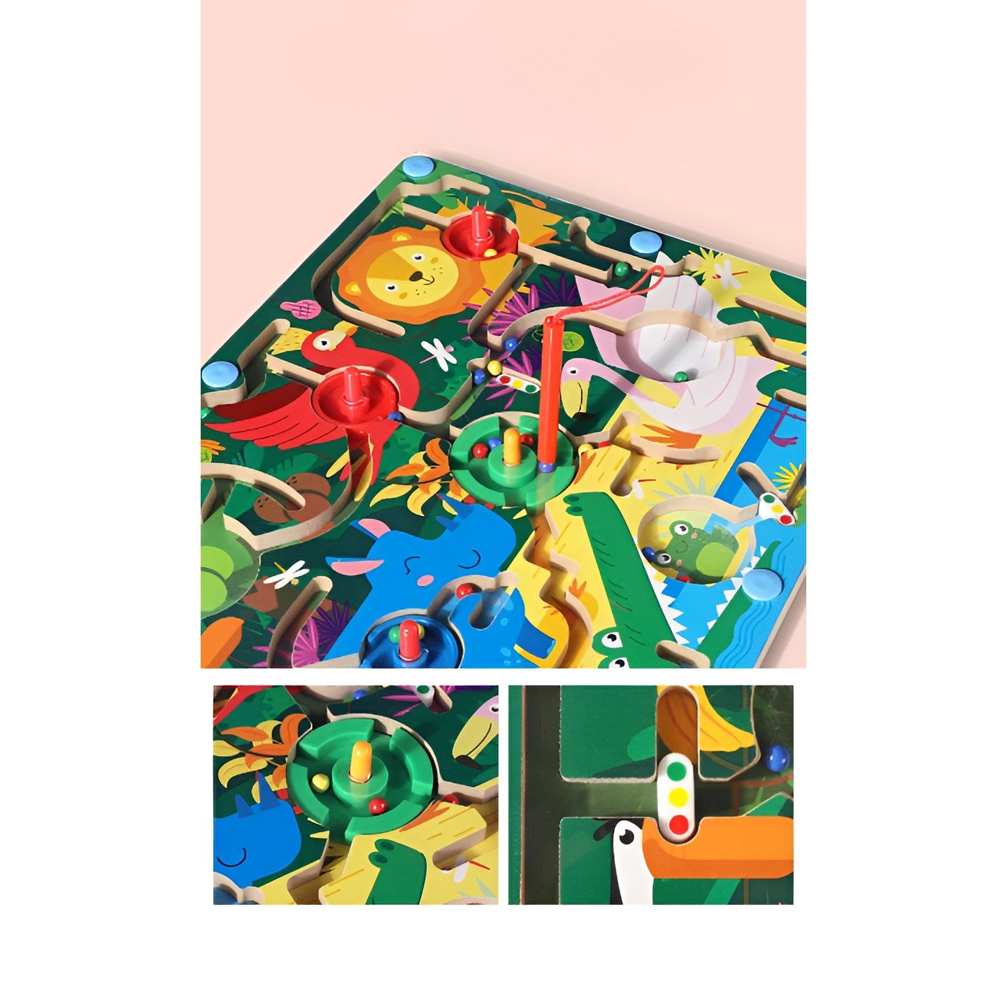 Joc Montessori de Sortare Culori, Flippy, Creion Magnetic, Tip Labirint Ilustrat, din Lemn, Model Animale Salbatice,