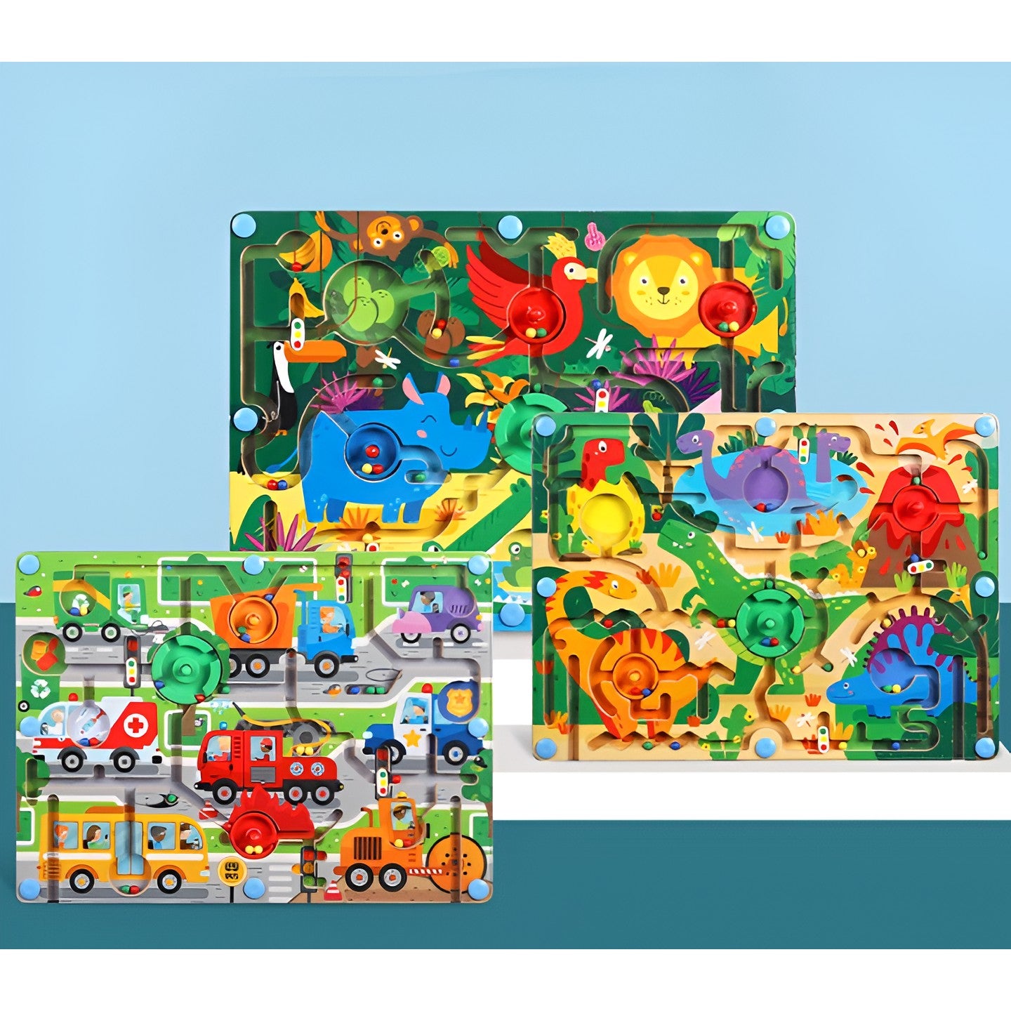 Joc Montessori de Sortare Culori, Flippy, Creion Magnetic, Tip Labirint Ilustrat, din Lemn, Model Animale Salbatice,