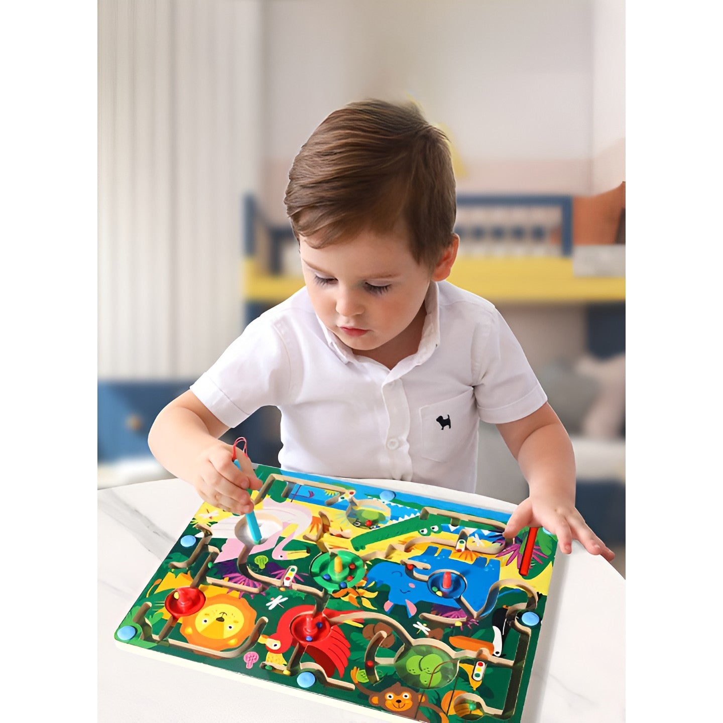 Joc Montessori de Sortare Culori, Flippy, Creion Magnetic, Tip Labirint Ilustrat, din Lemn, Model Animale Salbatice,