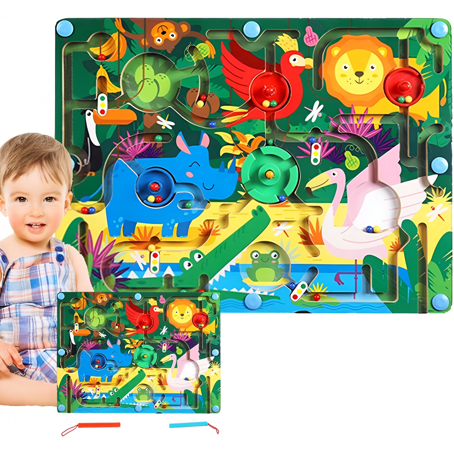 Joc Montessori de Sortare Culori, Flippy, Creion Magnetic, Tip Labirint Ilustrat, din Lemn, Model Animale Salbatice,