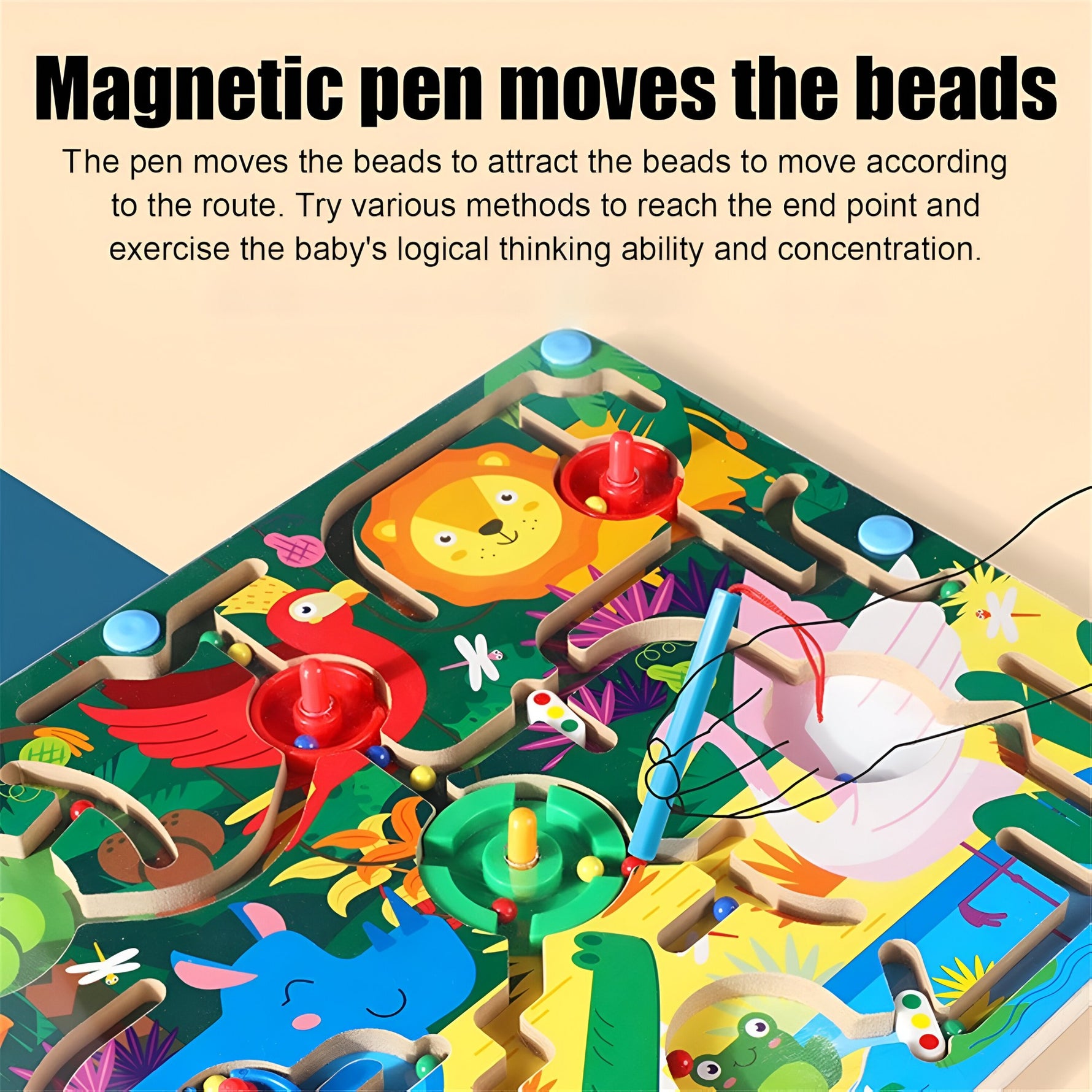 Joc Montessori de Sortare Culori, Flippy, Creion Magnetic, Tip Labirint Ilustrat, din Lemn, Model Animale Salbatice,