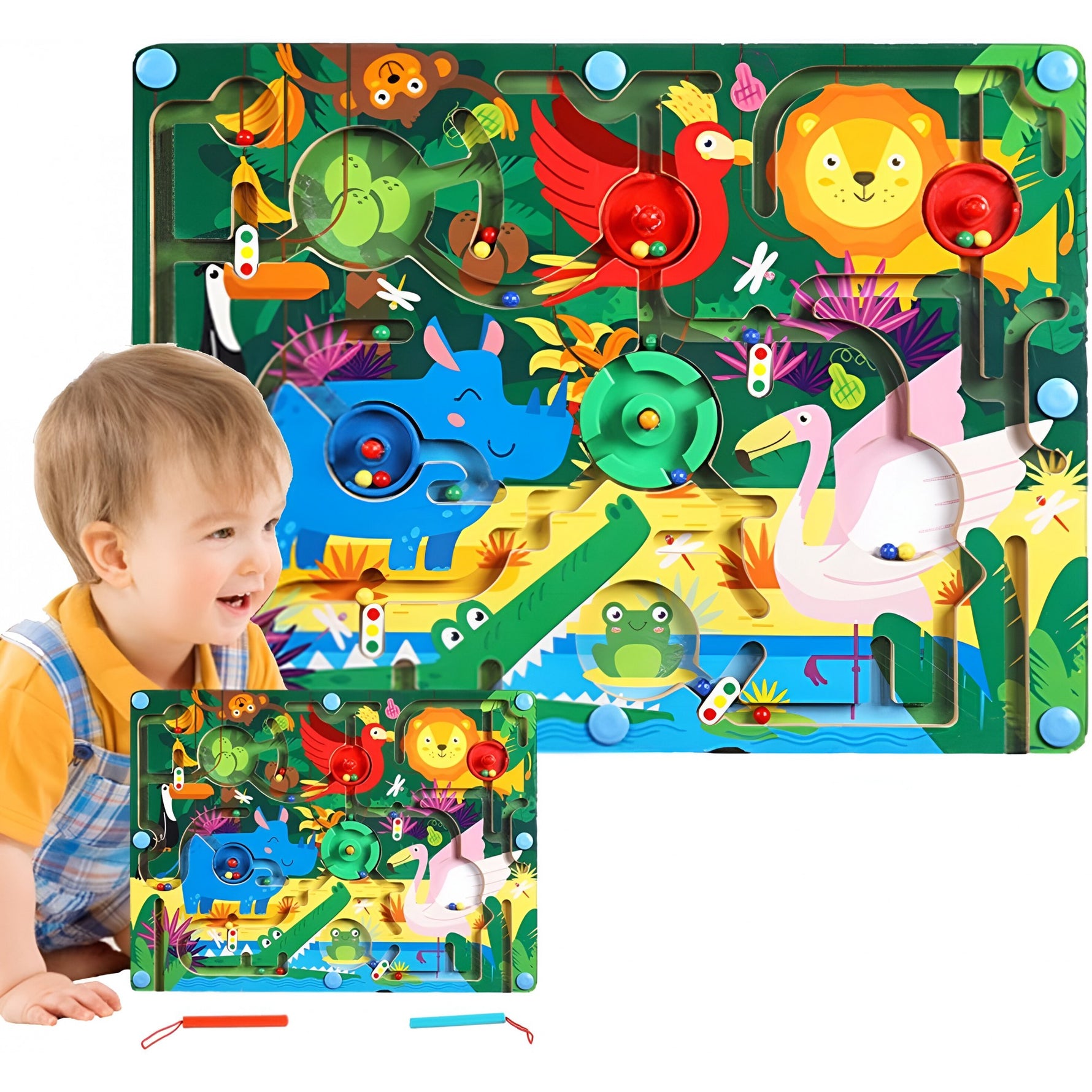 Joc Montessori de Sortare Culori, Flippy, Creion Magnetic, Tip Labirint Ilustrat, din Lemn, Model Animale Salbatice,