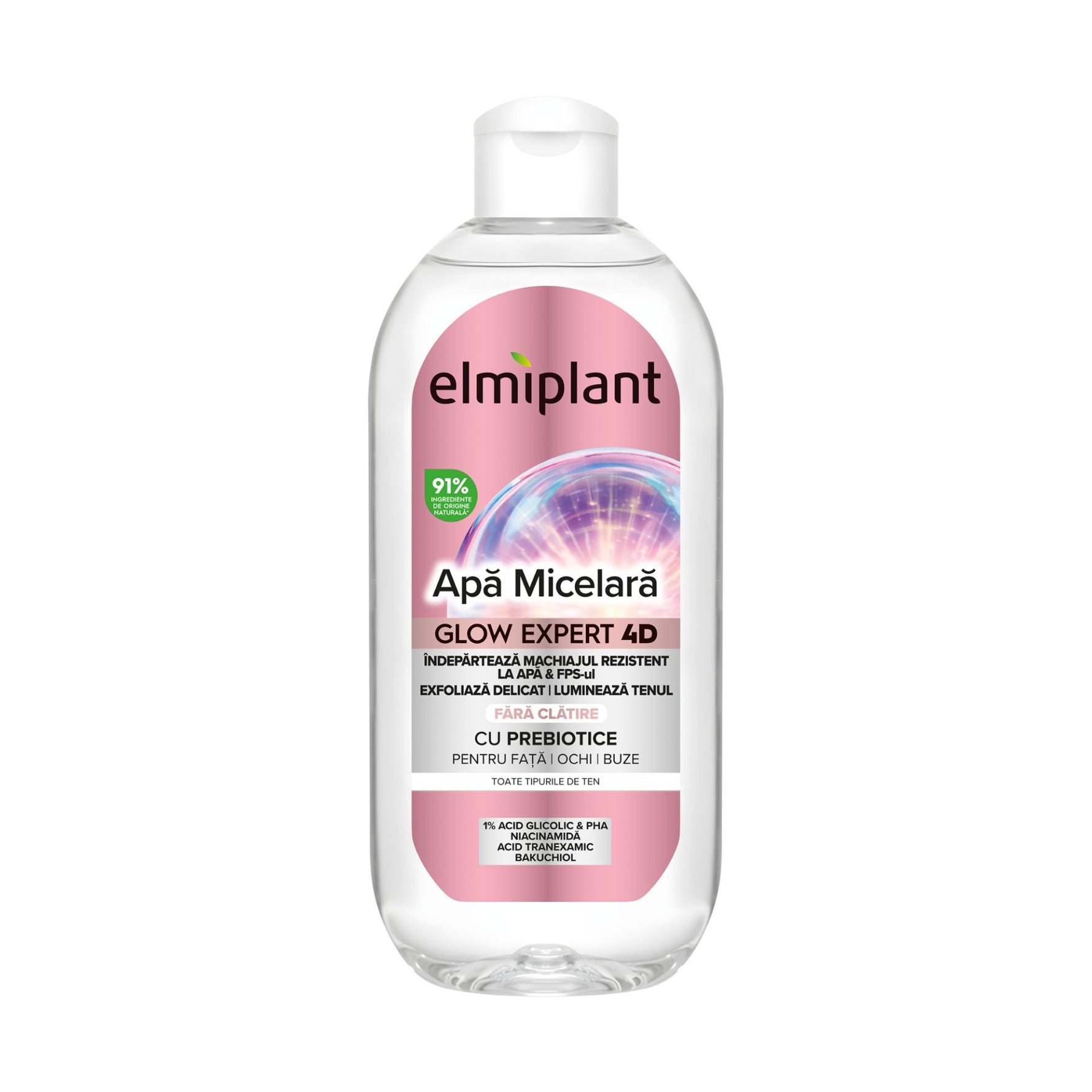 Apa Micelara Iluminatoare, Elmiplant, Glow Expert 4D, Pentru Fata, Ochi si Buze, cu Prebiotice, 400 ml