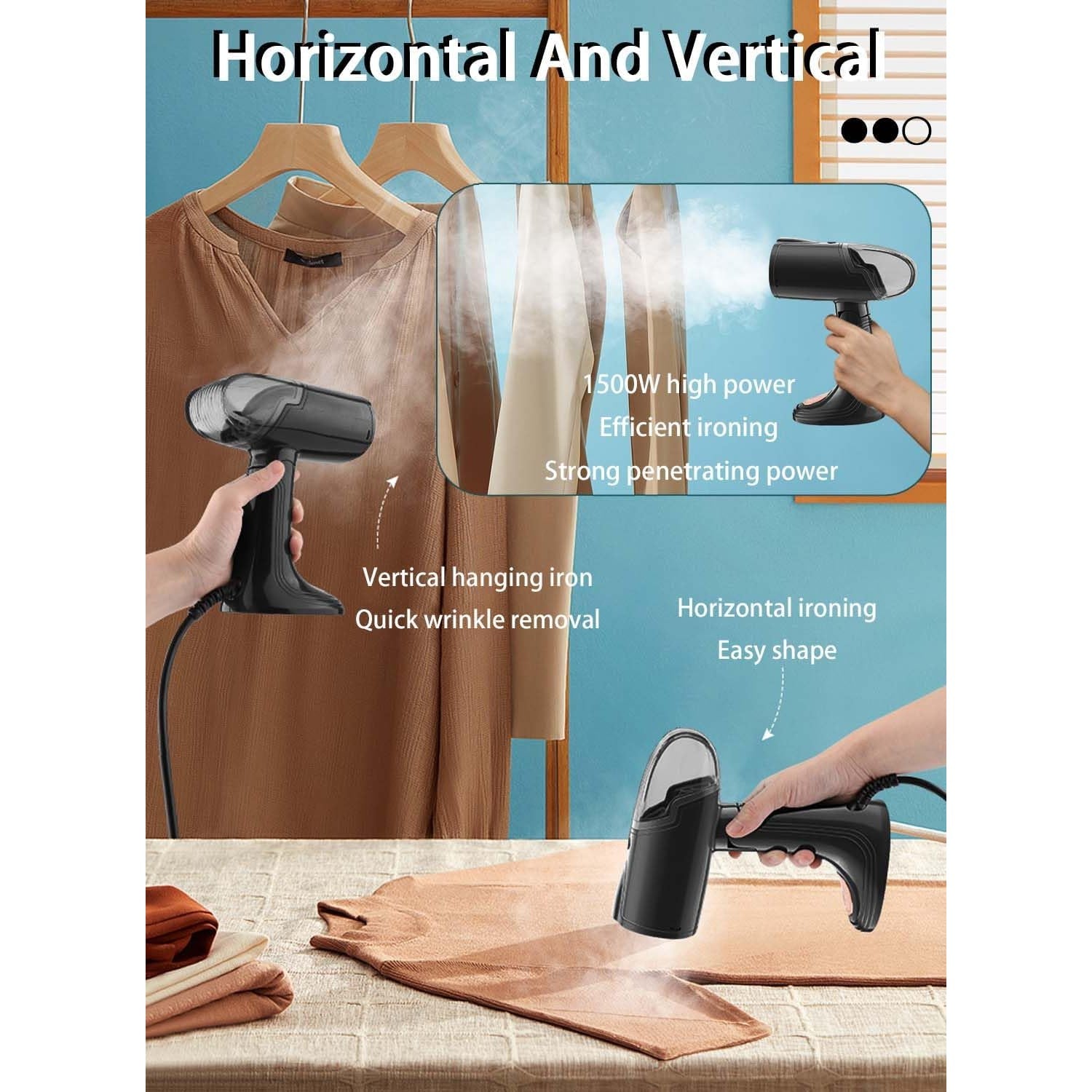 Aparat de Calcat Vertical Portabil cu Abur, Flippy, Putere 1500W, Rezervor Detasabil de 138ml, Priza, Functie Anti