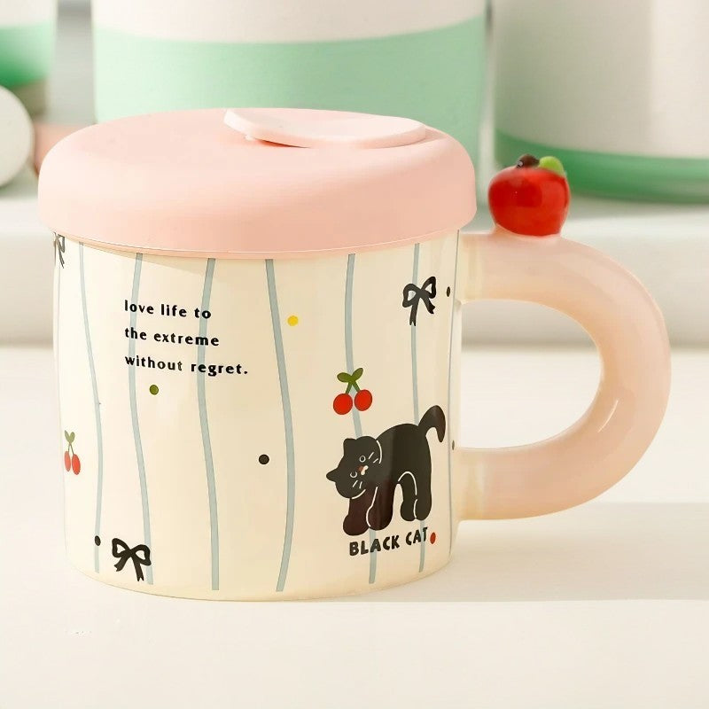 Cana din Ceramica cu Capac si Pai, Flippy, Capacul si Paiul din Silicon Roz, 9x8.5 cm, Model Cute A, Capacitate 380ml