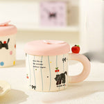 Cana din Ceramica cu Capac si Pai, Flippy, Capacul si Paiul din Silicon Roz, 9x8.5 cm, Model Cute A, Capacitate 380ml