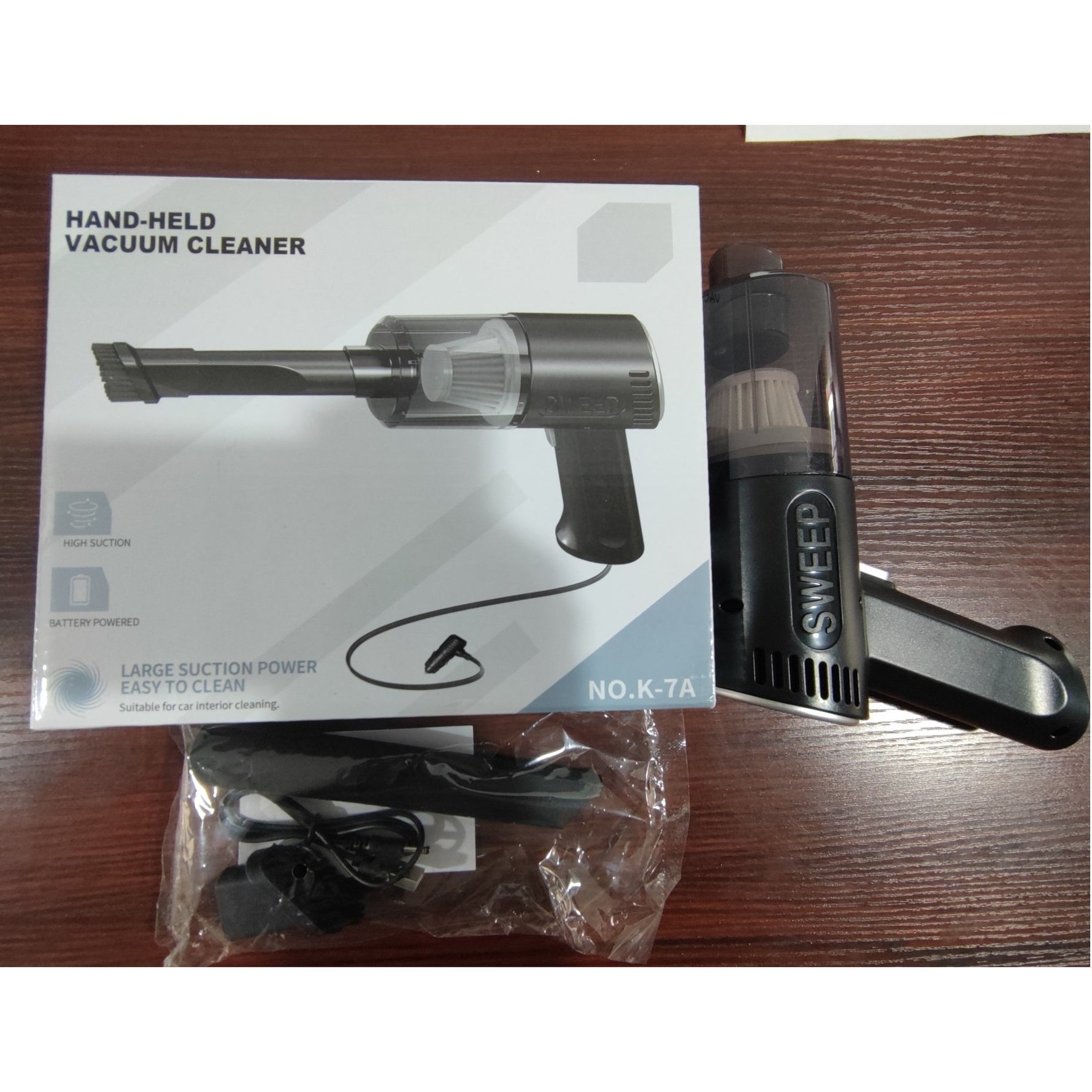 Aspirator Portabil Fara Fir, Flippy, Tip Pistol K7, Pentru Casa si Masina, Incarcare USB, Autonomie 30 Min, 36 x 17 cm,