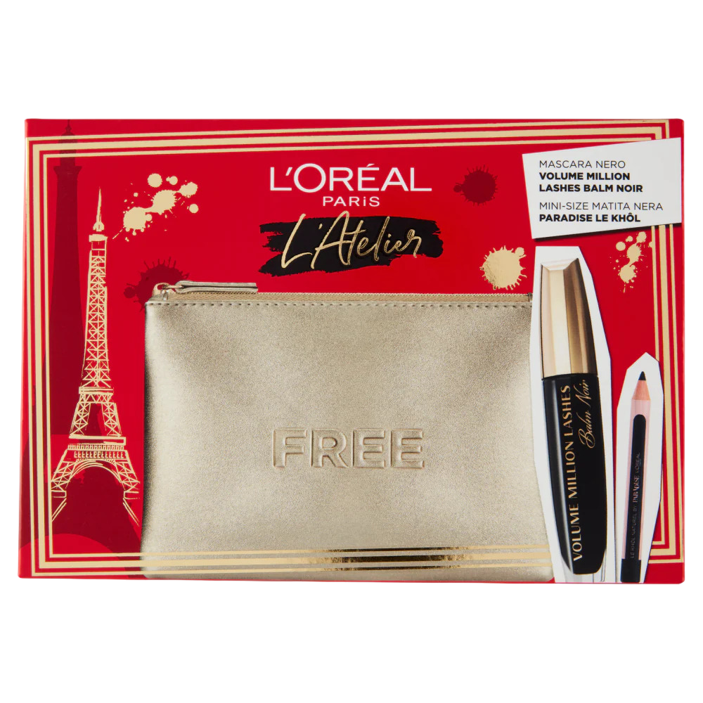 Atelier Kit Set L'Oreal Paris: Volume Million Lashes, Volumizing & Lengthening, Mascara, Black, 8.9 ml + Paradise, Kajal Eye Pencil, 1.2 g + Textile Makeup Bag, Gold - Olmarkt