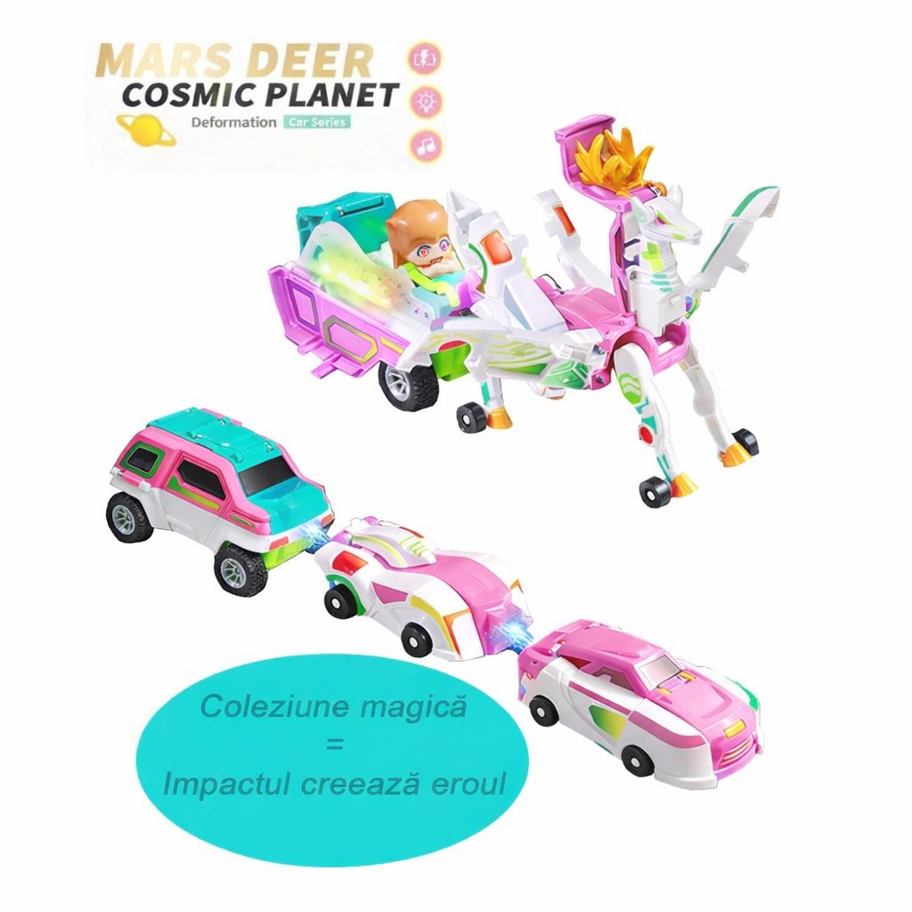 Jucarie Transformer Magnetica 3 in 1 Mars Deer Cosmic Planet, Flippy, 3 Masini Care se Transforma in Pegas Inaripat,