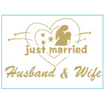 Sticker Autocolant, Flippy, Tematica Nunta, Model Indragostiti, cu Scris Just Married Husband&Wife, 21x29 cm, Auriu