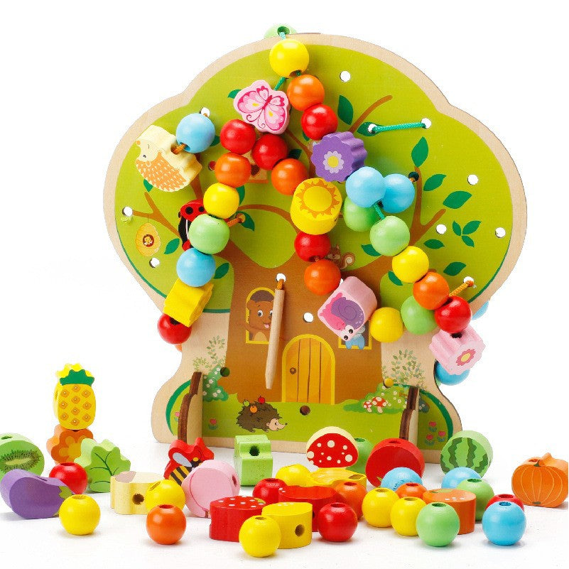 Jucarie Educativa Montessori 2 in 1 din Lemn, Flippy, Model Pomul cu Fructe, 102 piese, Dezvoltare Motricitate Fina,