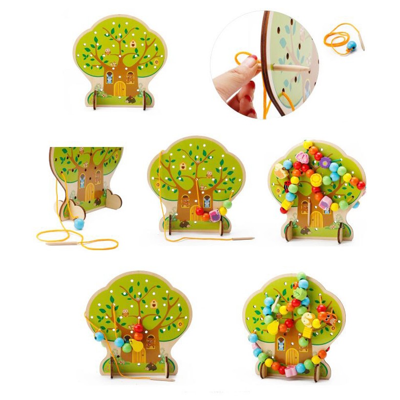 Jucarie Educativa Montessori 2 in 1 din Lemn, Flippy, Model Pomul cu Fructe, 102 piese, Dezvoltare Motricitate Fina,
