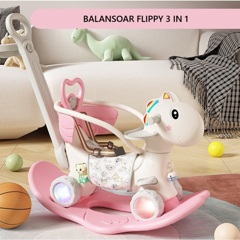 Balansoar pentru Copii, Flippy, 3in1, cu Spatar si Bara de Siguranta, Maner cu Cos de Basket, Tava de Masa, Roti