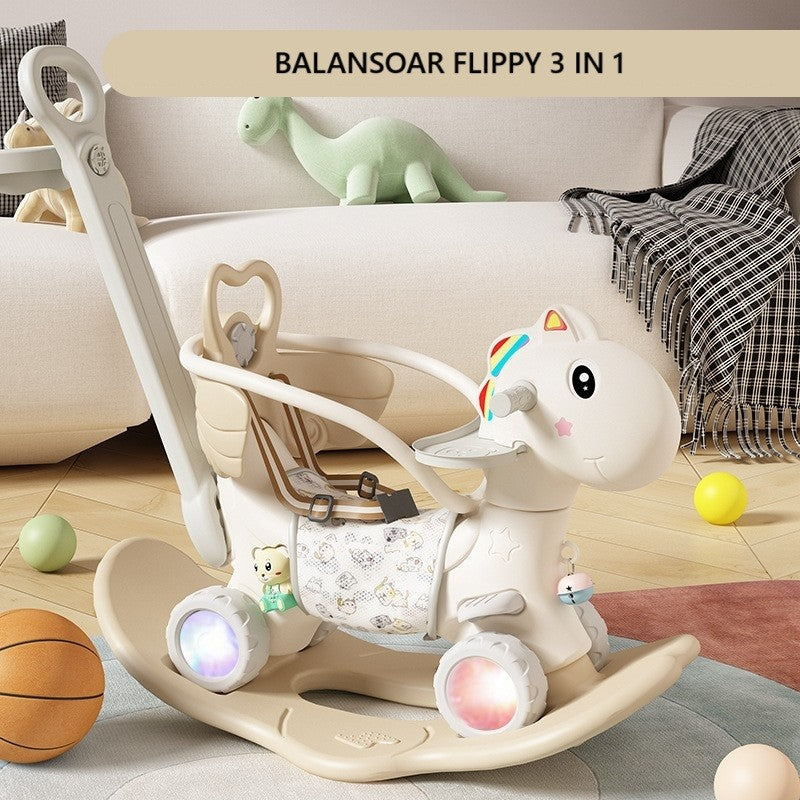 Balansoar pentru Copii, Flippy, 3in1, cu Spatar si Bara de Siguranta, Maner cu Cos de Basket, Tava de Masa, Roti