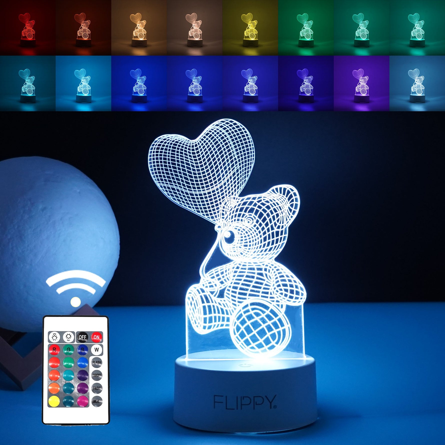 Lampa LED decorativa, Flippy, 3D, Ursulet cu balon inima, cu telecomanda, doua moduri de alimentare USB si baterii, 20