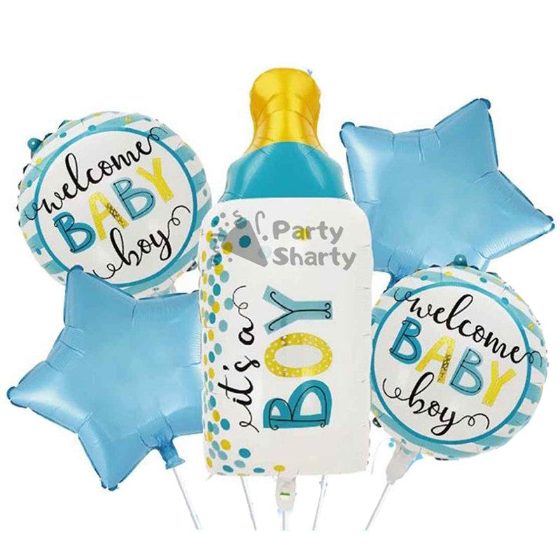 Baloane decorative GENDER REVEAL PARTY, Flippy, Figurina Sticla, Model IT'S A BOY, Set din 5 baloane, 40 x 77 cm,