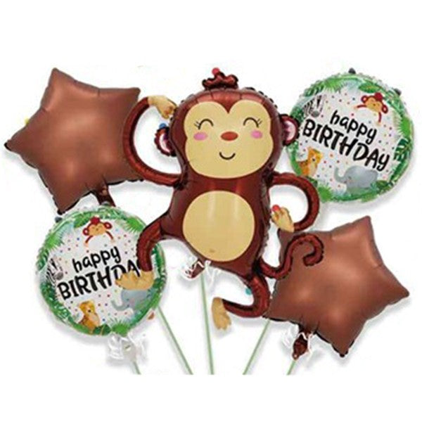 Baloane pentru aniversare, Flippy, tematica Happy Birthday, set 5 baloane, 1 Maimuta 85 x 89 cm, 2 Stele, 2 Rotunde,