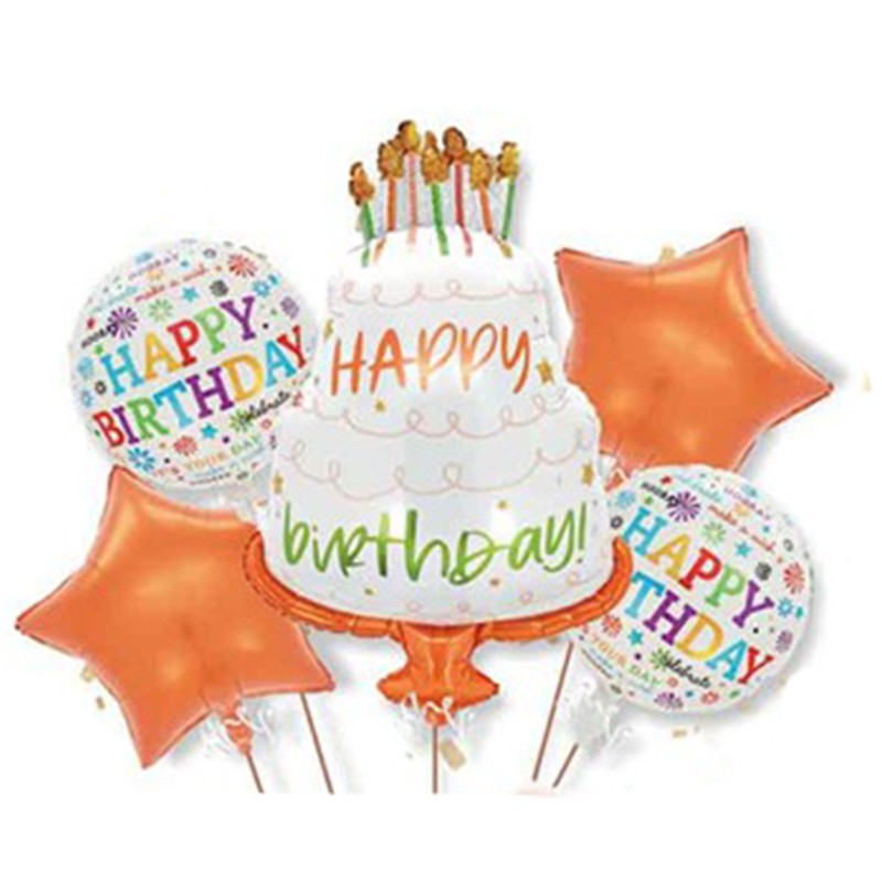 Baloane pentru aniversare, Flippy, tematica Happy Birthday, set 5 baloane, 1 TORT 70 x 101 cm, 2 Stele, 2 Rotunde, din
