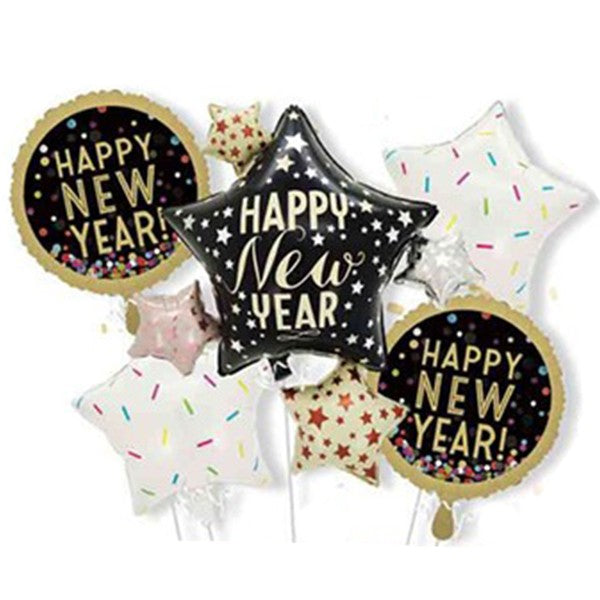 Baloane pentru aniversare, Flippy, tematica Happy New Year, set 9 baloane, 1 Stea Mare 83 x 90 cm, 6 stele, 2 rotunde,