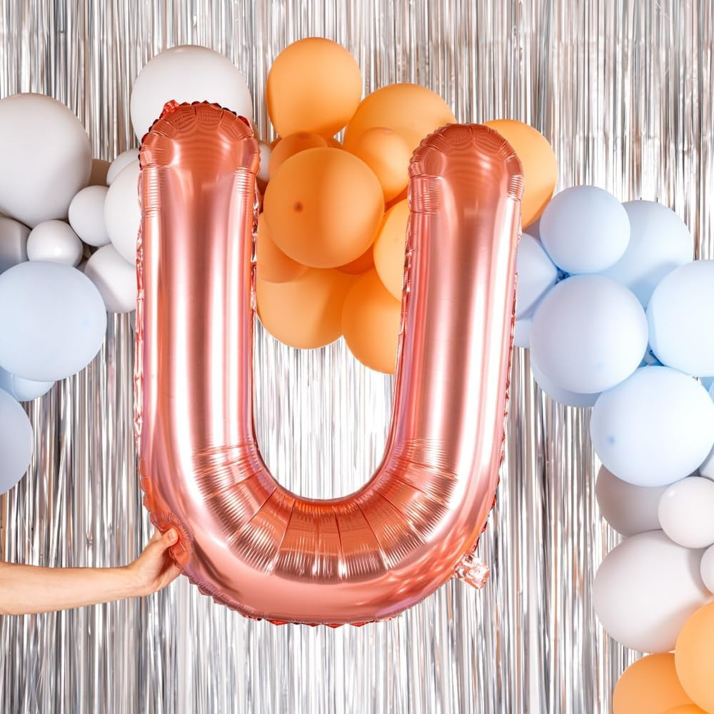 Balon Folie Metalizata Litera U, Flippy, 100 cm, Umflati cu Heliu sau Aer, Ambalaj Individual, Pai inclus, Rose Gold