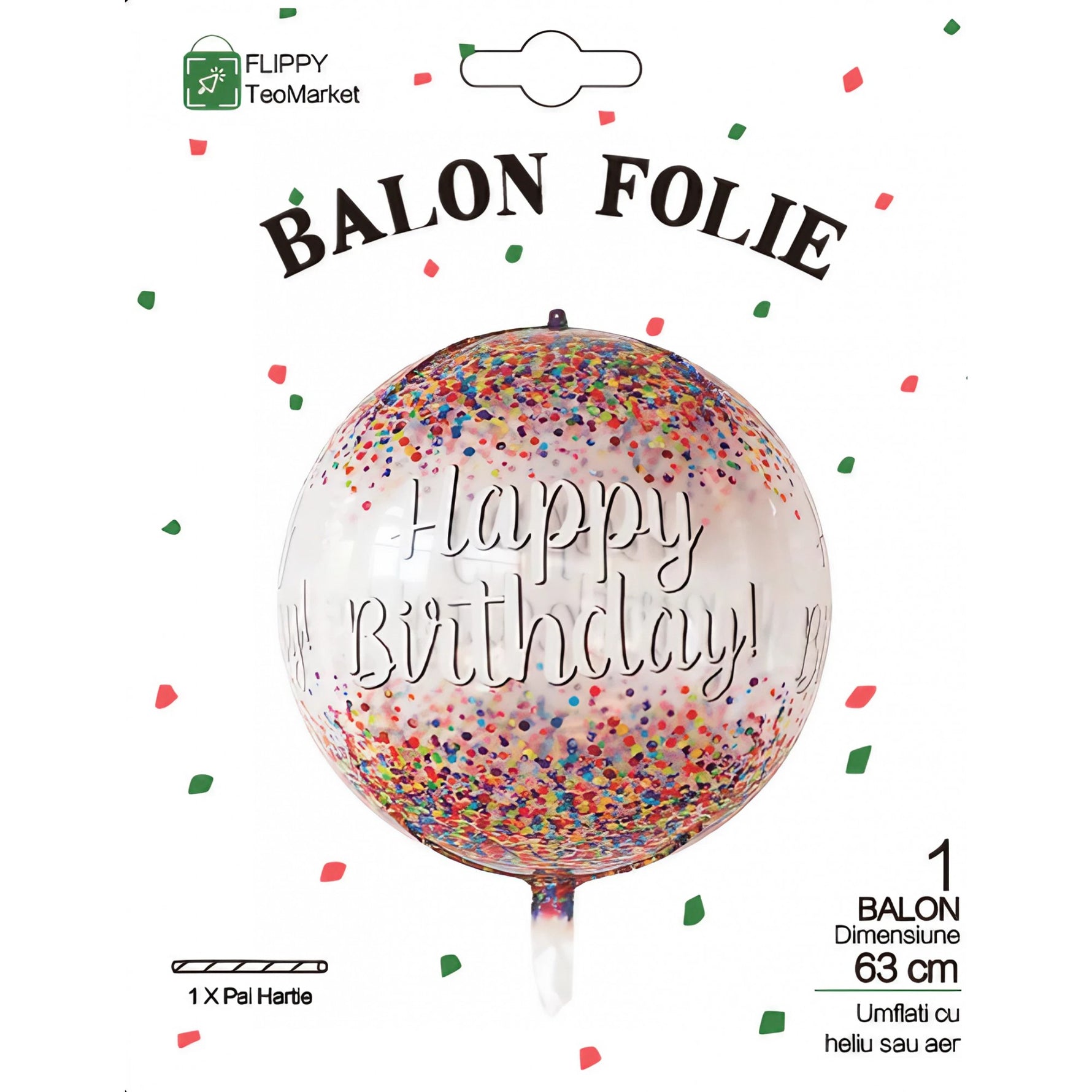 Balon din Folie Metalizata, Flippy, Figurina Rotunda 4D, Model Happy Birthday, Tema Aniversare, 24 x 63 cm, Ambalaj