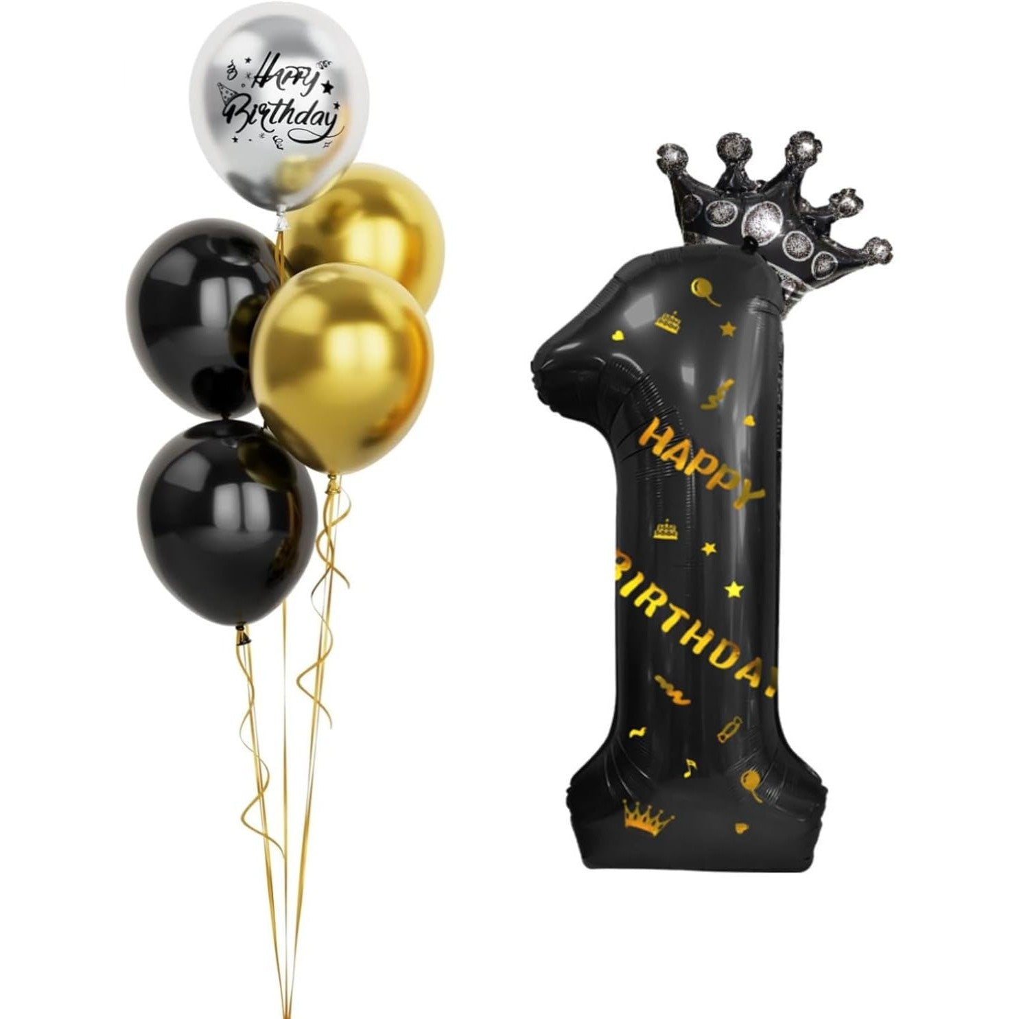 Balon din Folie Metalizata Flippy, Figurina Cifra si Coroana, Scris Happy Birthday, Tema Aniversare 100 cm, Ambalaj